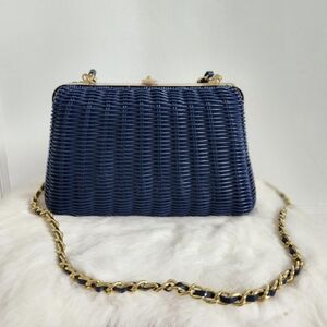 Navy Blue Woven Crossbody Bag with Gold Chain